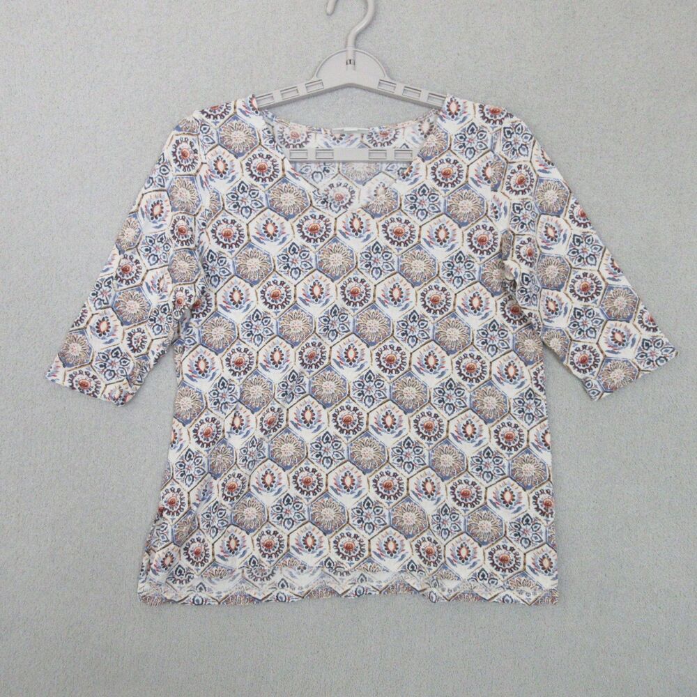 J Jill Top Womens Petite S Scoop Neck 3/4 Sleeve Geometric Print Cotton Modal